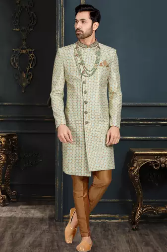 Multy colour heavy classic sherwani with thread and stone work,hand amrodery on collar & botton,