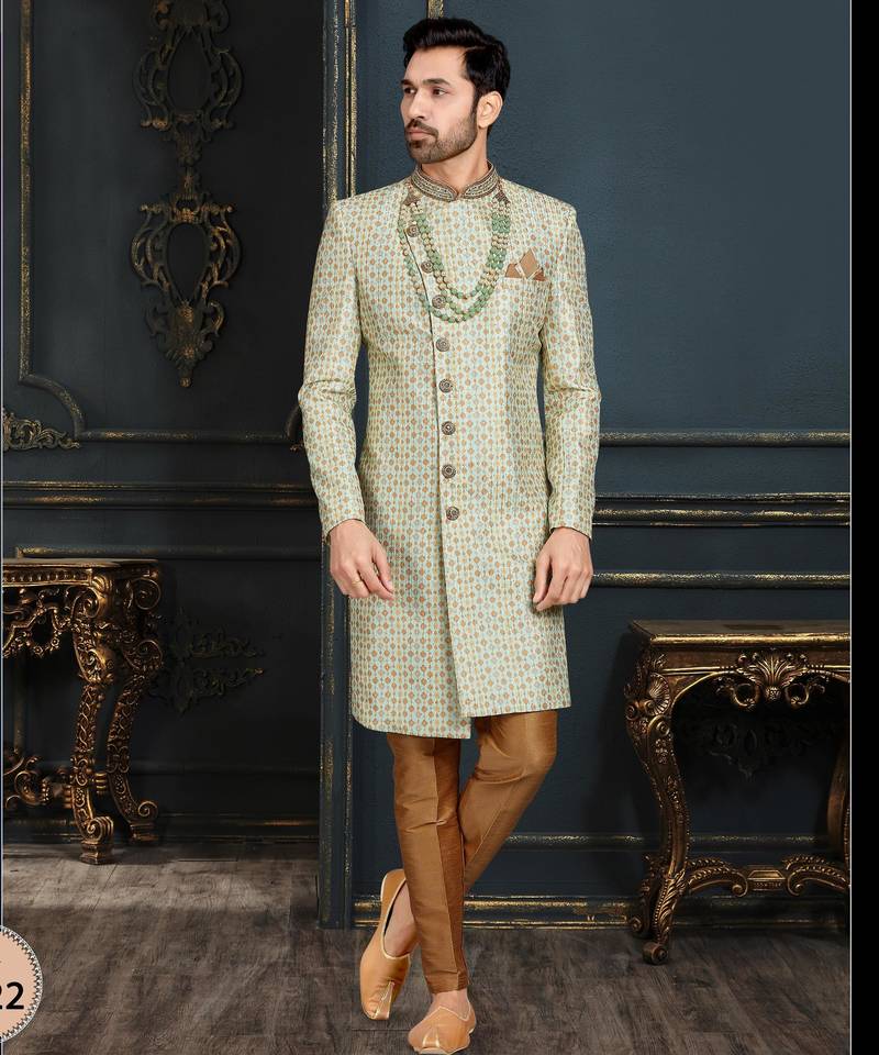 Multy colour heavy classic sherwani with thread and stone work,hand amrodery on collar & botton,