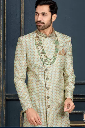 Multy colour heavy classic sherwani with thread and stone work,hand amrodery on collar & botton,