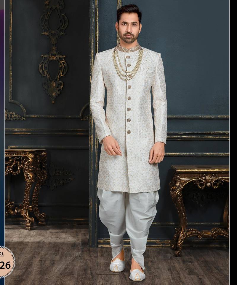 Multy colour heavy classic sherwani with thread and stone work,hand amrodery on collar & botton,