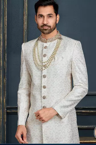 Multy colour heavy classic sherwani with thread and stone work,hand amrodery on collar & botton,