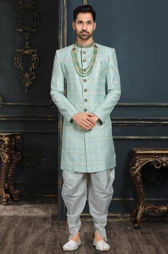 Multy colour heavy classic sherwani with thread and stone work,hand amrodery on collar & botton,