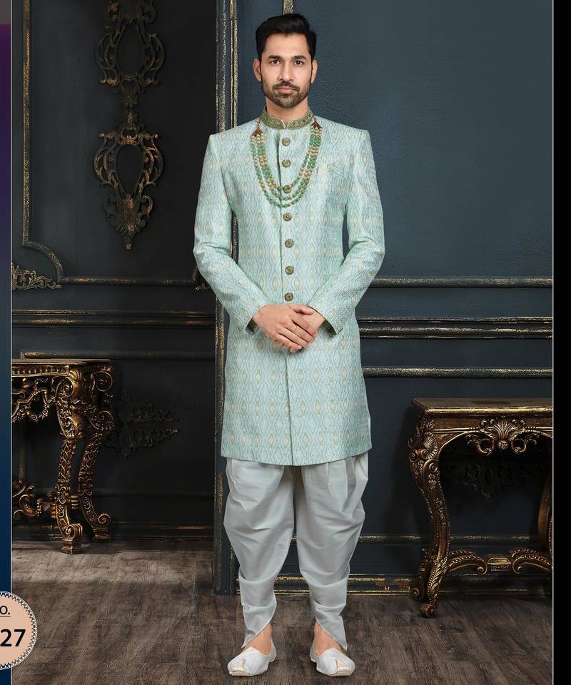 Multy colour heavy classic sherwani with thread and stone work,hand amrodery on collar & botton,