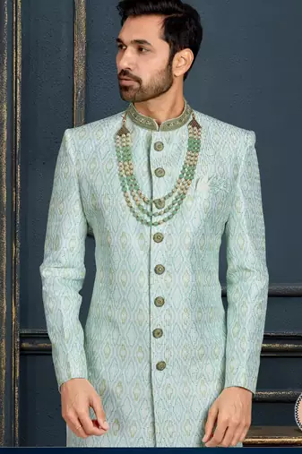 Multy colour heavy classic sherwani with thread and stone work,hand amrodery on collar & botton,