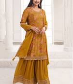 Mustard colour embroidered chinon silk sharara festival suit