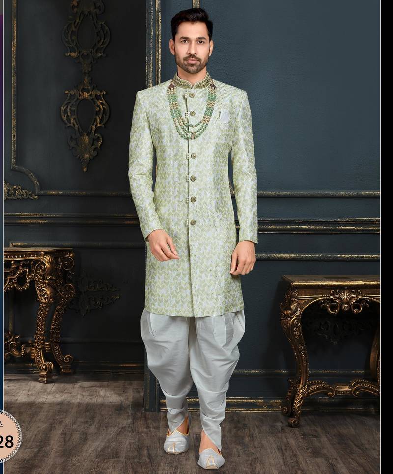 Multy colour heavy classic sherwani with thread and stone work,hand amrodery on collar & botton,
