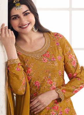 Mustard colour embroidered chinon silk sharara festival suit 2