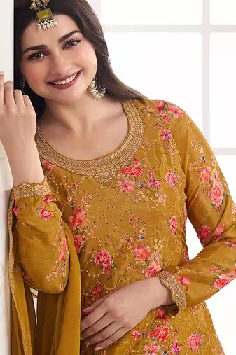 Mustard colour embroidered chinon silk sharara festival suit