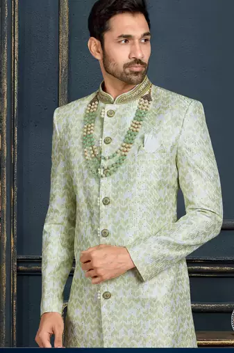 Multy colour heavy classic sherwani with thread and stone work,hand amrodery on collar & botton,