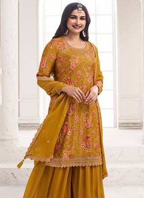 Mustard colour embroidered chinon silk sharara festival suit 3