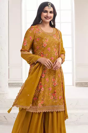 Mustard colour embroidered chinon silk sharara festival suit