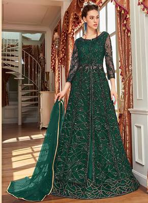 Dark green wedding net anarkali salwar kameez 1