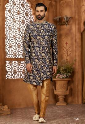 Navy blue indo-western sherwani set with full computer embroidery, coloured buttons, and thread, lace, and stone work. 1