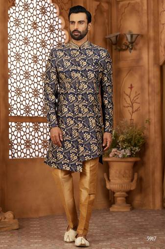 Navy blue indo-western sherwani set with full computer embroidery, coloured buttons, and thread, lace, and stone work.