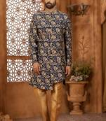 Navy blue indo-western sherwani set with full computer embroidery, coloured buttons, and thread, lace, and stone work.