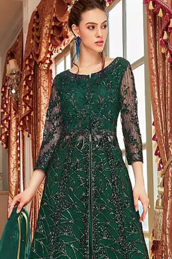 Dark green wedding net anarkali salwar kameez