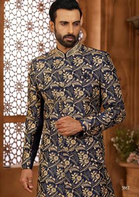 Navy blue indo-western sherwani set with full computer embroidery, coloured buttons, and thread, lace, and stone work. 2