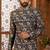 Navy blue indo-western sherwani set with full computer embroidery, coloured buttons, and thread, lace, and stone work.