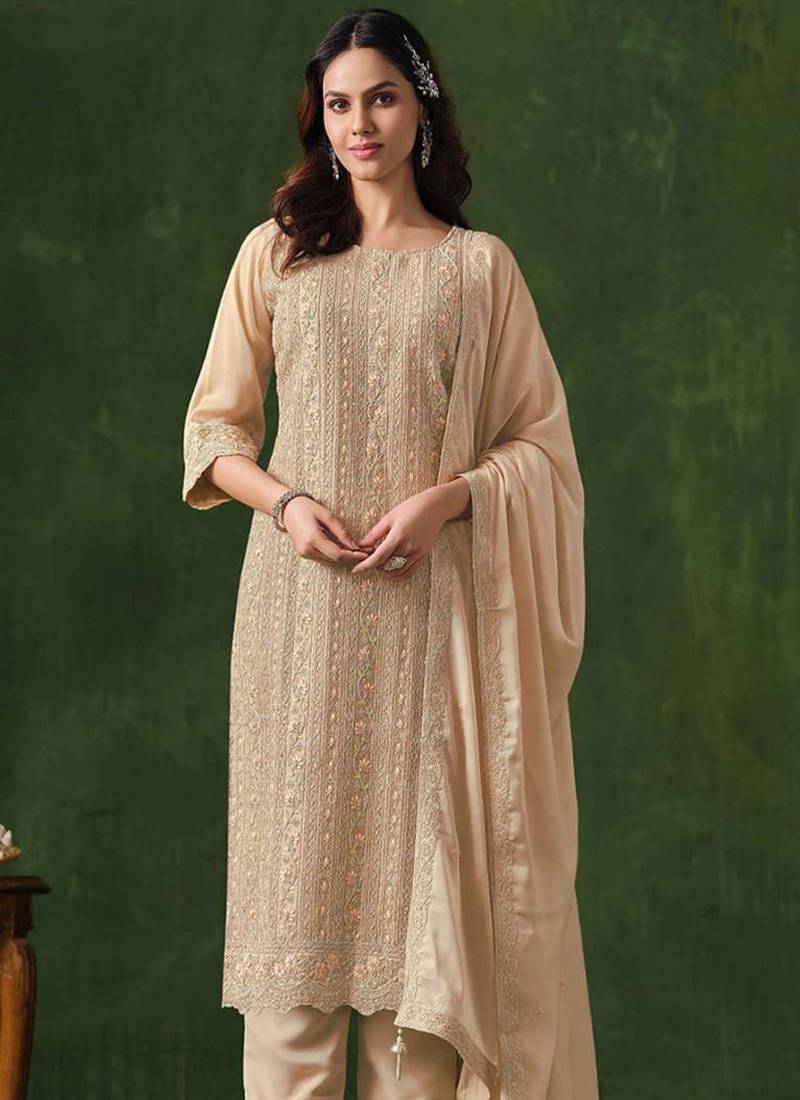 Faux georgette embroidered salwar kameez in beige