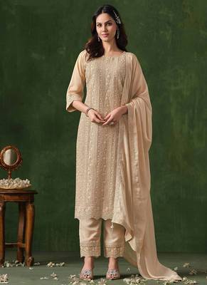 Faux georgette embroidered salwar kameez in beige 2