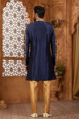Navy blue indo-western sherwani set with full computer embroidery, coloured buttons, and thread, lace, and stone work. 3