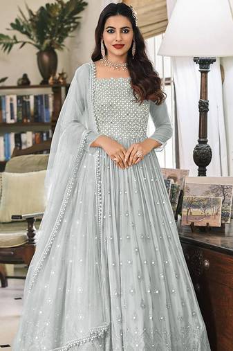 Light grey embroidered faux greogette anarkali salwar kameez