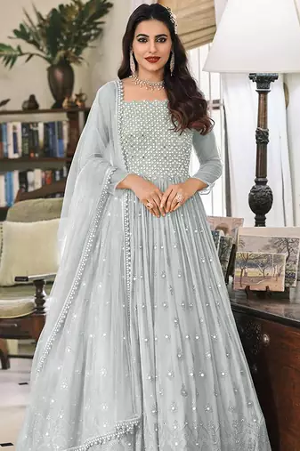 Light grey embroidered faux greogette anarkali salwar kameez
