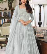 Light grey embroidered faux greogette anarkali salwar kameez