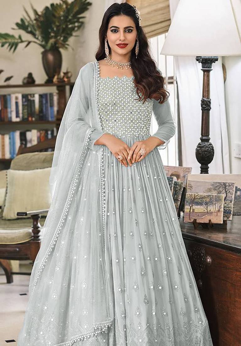 Light grey embroidered faux greogette anarkali salwar kameez
