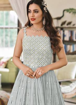 Light grey embroidered faux greogette anarkali salwar kameez 2