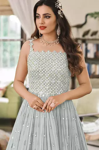 Light grey embroidered faux greogette anarkali salwar kameez
