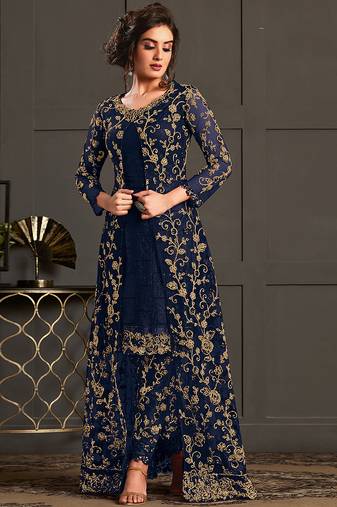 Dark blue net embroidered semi stiched salwar kameez with shrug