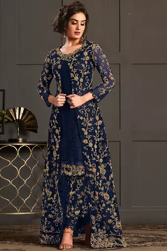 Dark blue net embroidered semi stiched salwar kameez with shrug