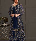Dark blue net embroidered semi stiched salwar kameez with shrug