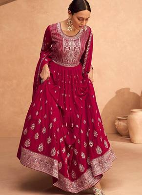 Magenta embroidered faux greogette floor length anarakali suit 1