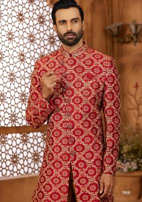 Maroon indo-western sherwani set with full computer embroidery, coloured buttons, and thread, lace, and stone work. 2