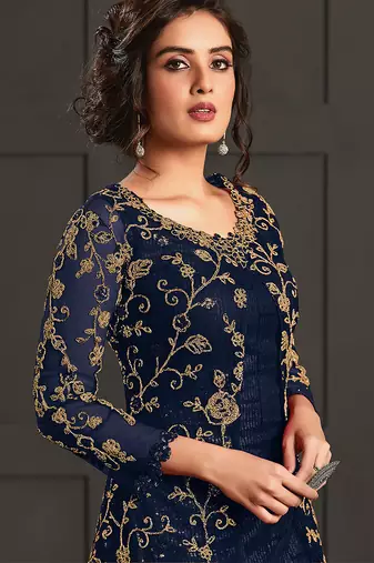 Dark blue net embroidered semi stiched salwar kameez with shrug