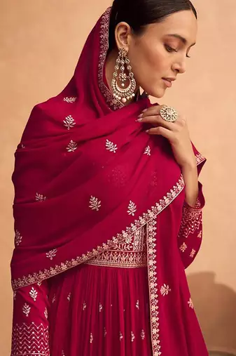 Magenta embroidered faux greogette floor length anarakali suit