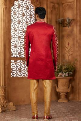 Maroon indo-western sherwani set with full computer embroidery, coloured buttons, and thread, lace, and stone work. 3