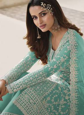 Sky blue color net embroidered stright salwar kameez 2