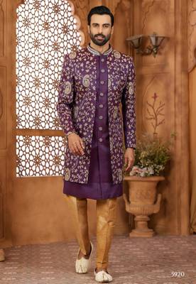 Purple indo-western sherwani set with full computer embroidery, coloured buttons, and thread, lace, and stone work. 1