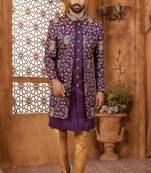 Purple indo-western sherwani set with full computer embroidery, coloured buttons, and thread, lace, and stone work.