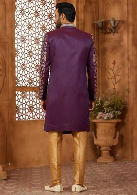 Purple indo-western sherwani set with full computer embroidery, coloured buttons, and thread, lace, and stone work. 3