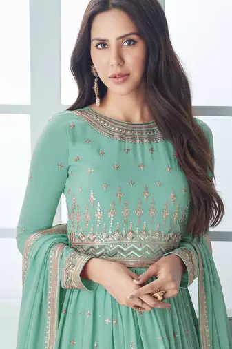 Turquoise embroidered faux georgette anarkali salwar kameez