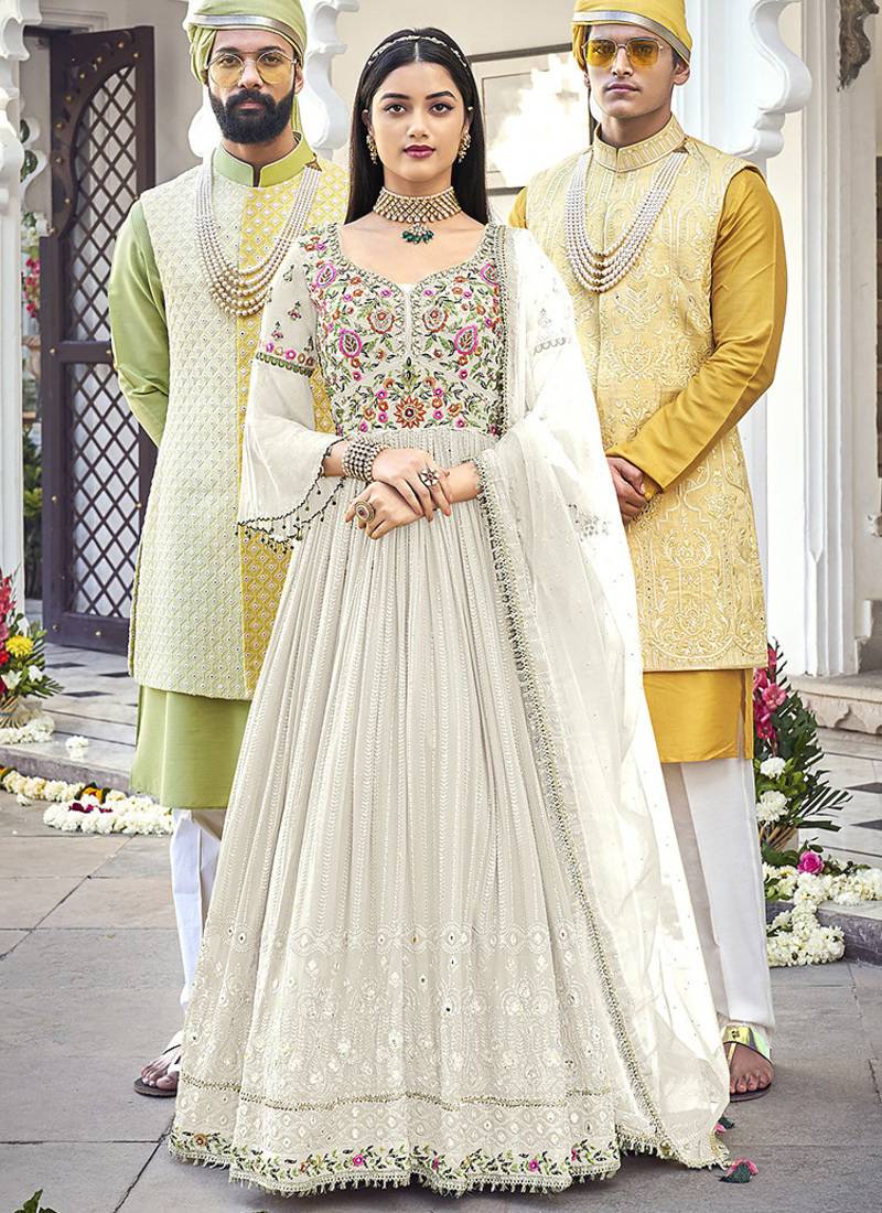 White embroidered faux georgette salwar kameez