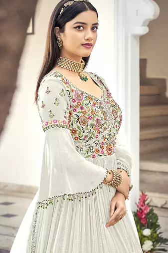 White embroidered faux georgette salwar kameez