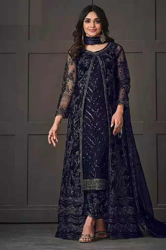 Dark blue embroidered butterfly net ethnic suit