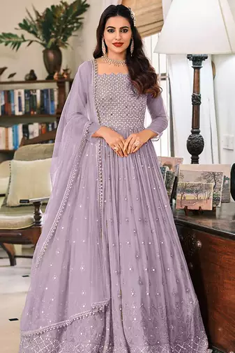Lavender embroidered faux georgette floor length salwar kameez