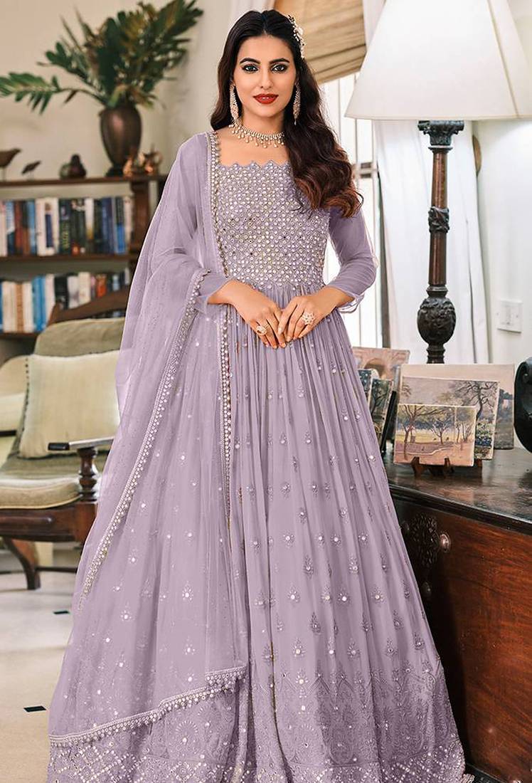 Lavender embroidered faux georgette floor length salwar kameez