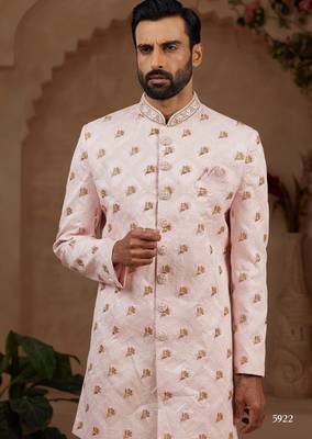 Light pink indo-western sherwani set with full computer embroidery, coloured buttons, and thread, lace, and stone work. 2